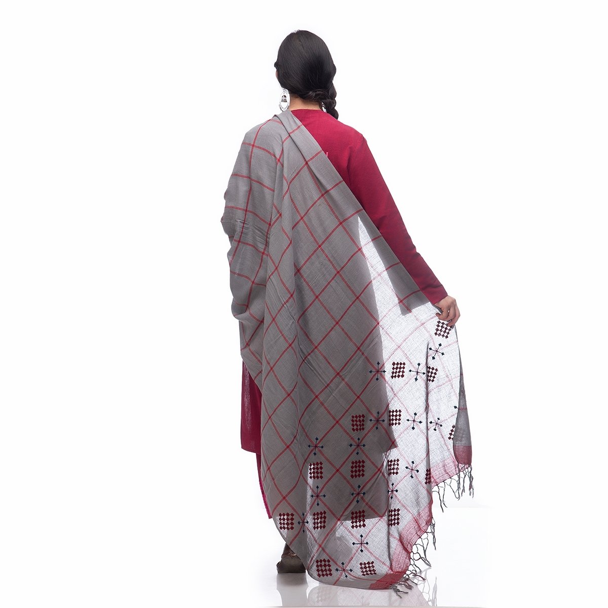Hand Embroidery Dupatta Gray with Red Motif