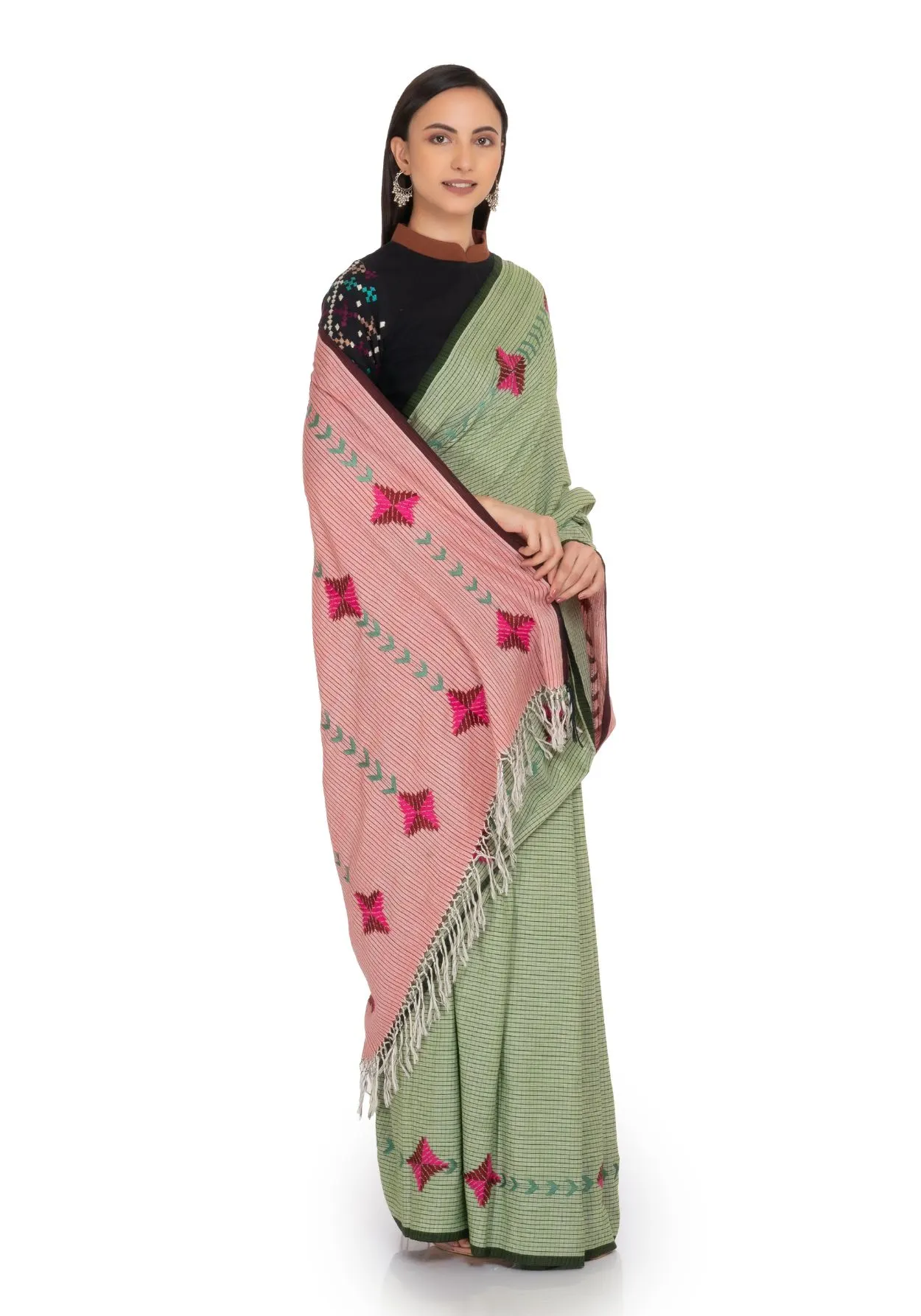 Handloom Cotton  Saree with Pink and Green Motif Works