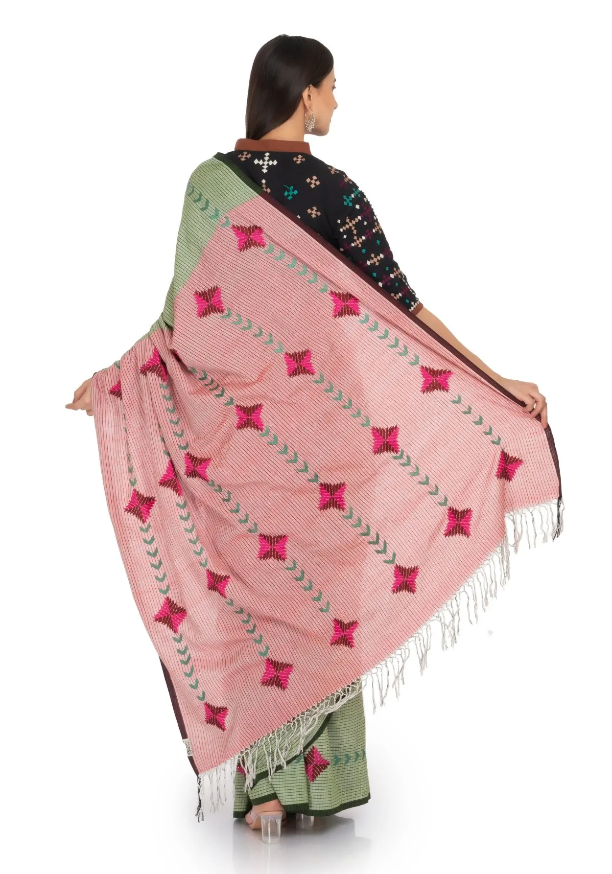 Handloom Cotton  Saree with Pink and Green Motif Works