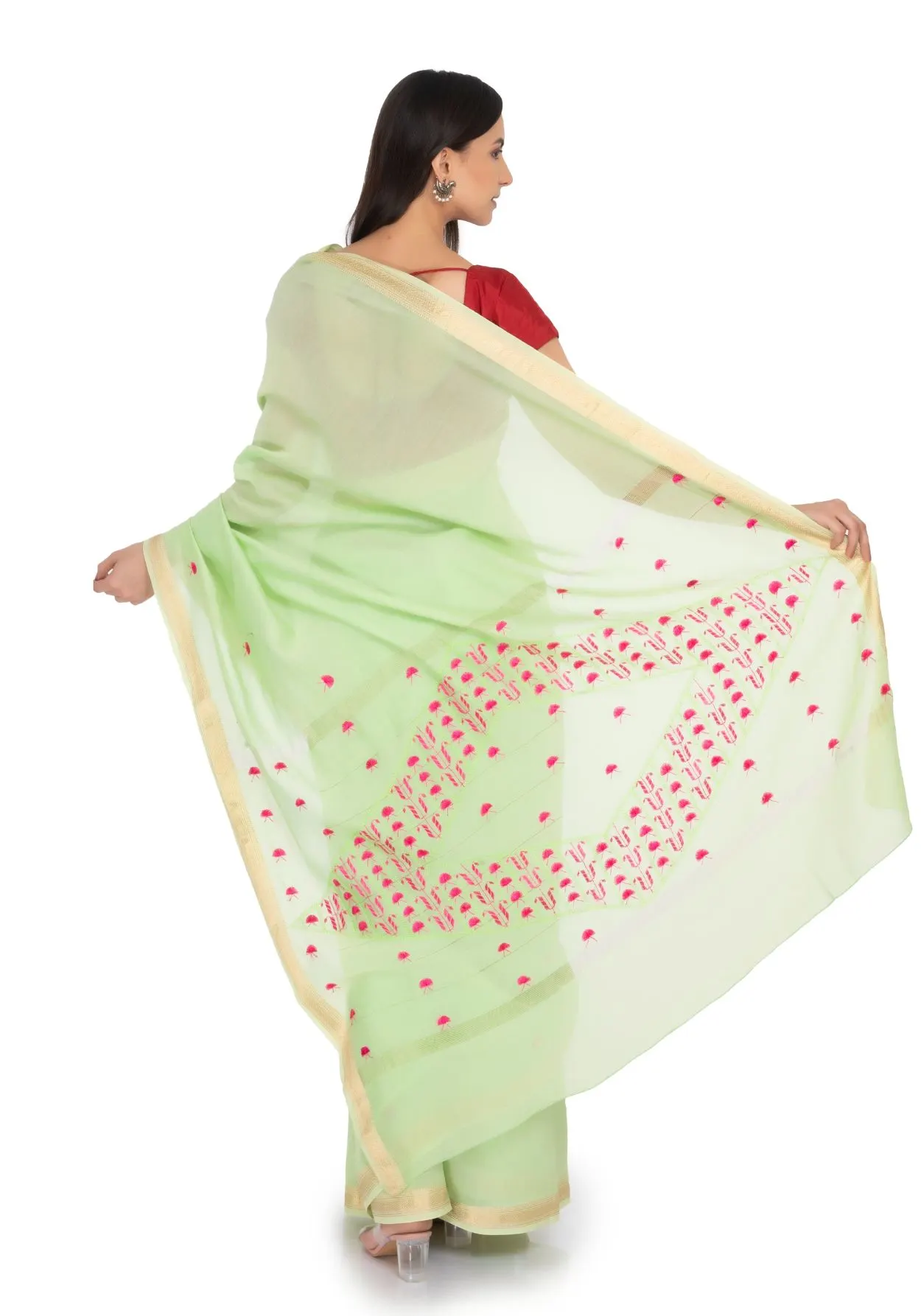 Hand Embroidered Saree Green Light sage