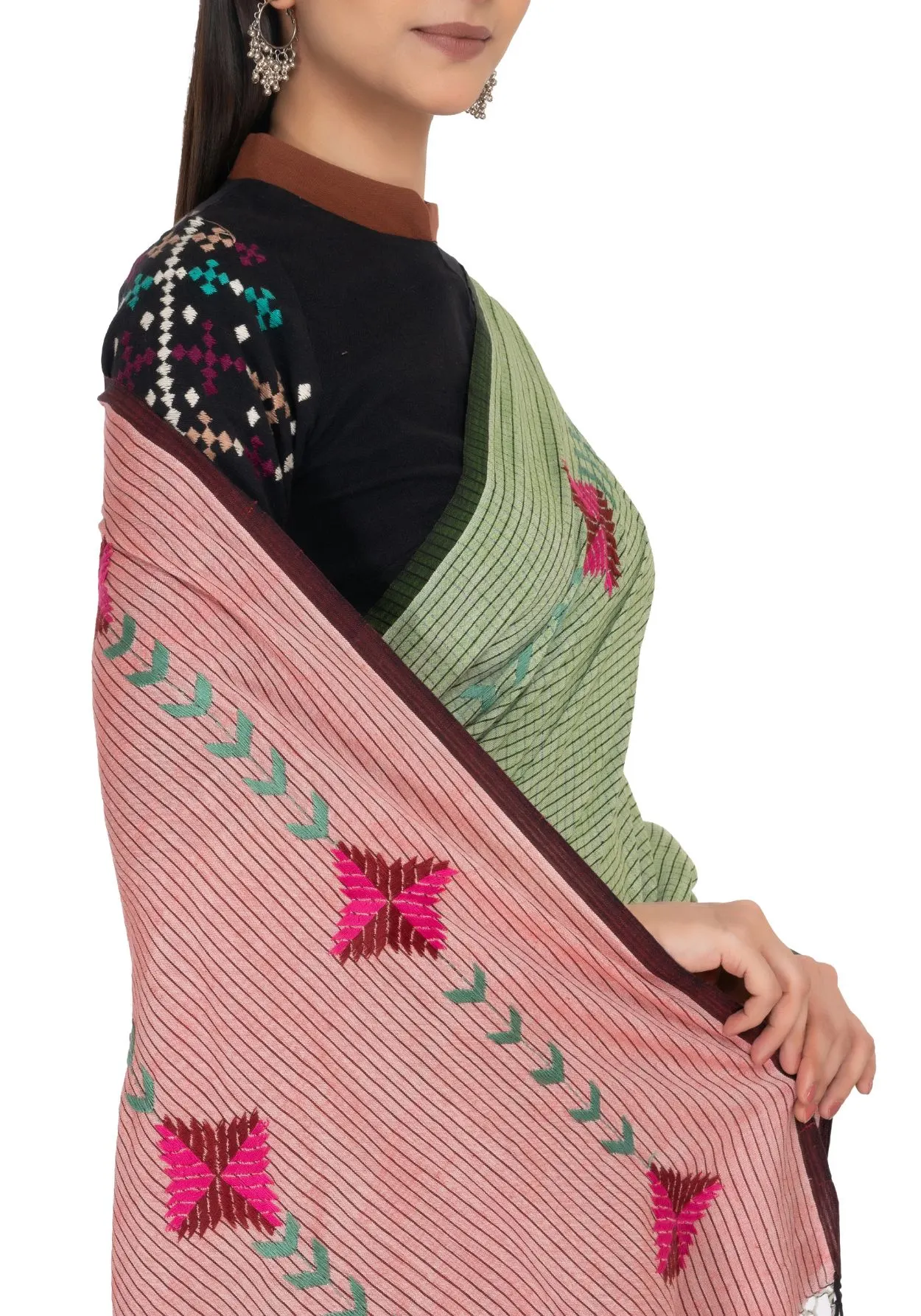 Handloom Cotton  Saree with Pink and Green Motif Works