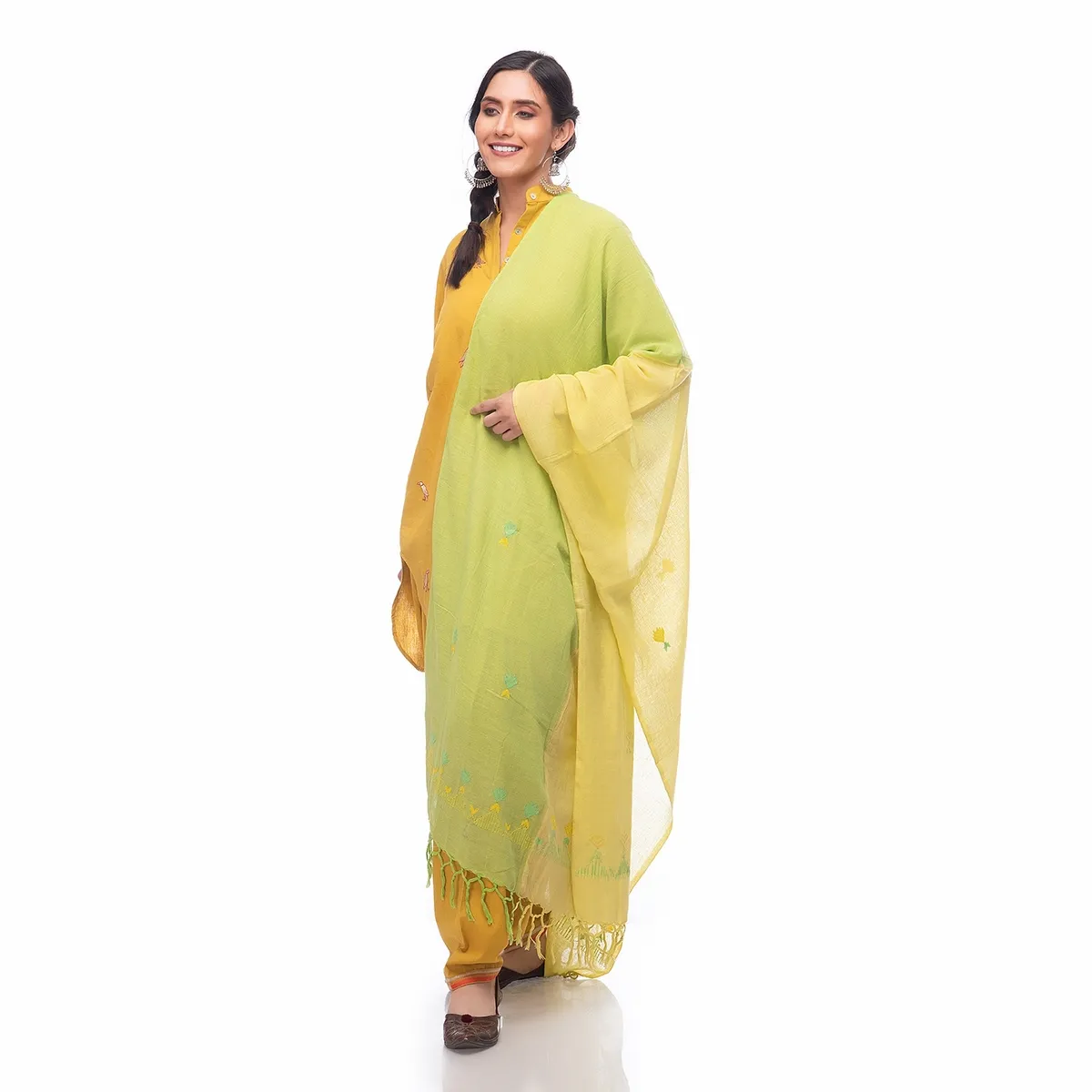 Hand Embroidery Dupatta light Olive Green