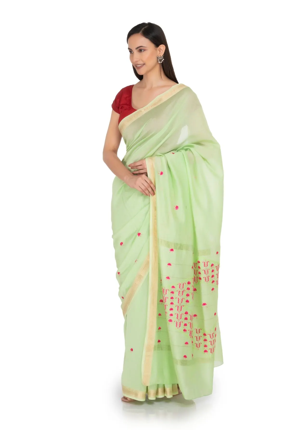 Hand Embroidered Saree Green Light sage
