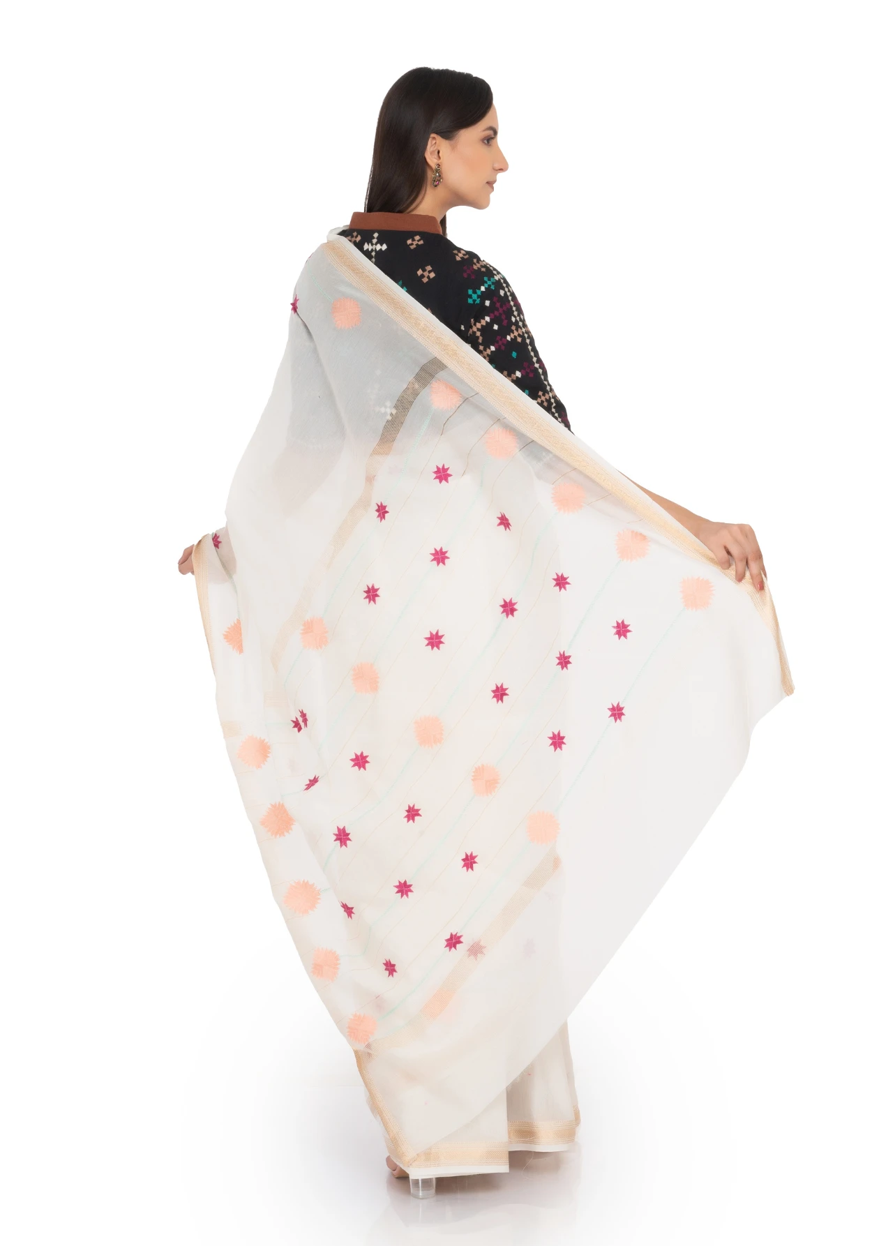 Maheshwari White Saree with Red and Orangemotif Works