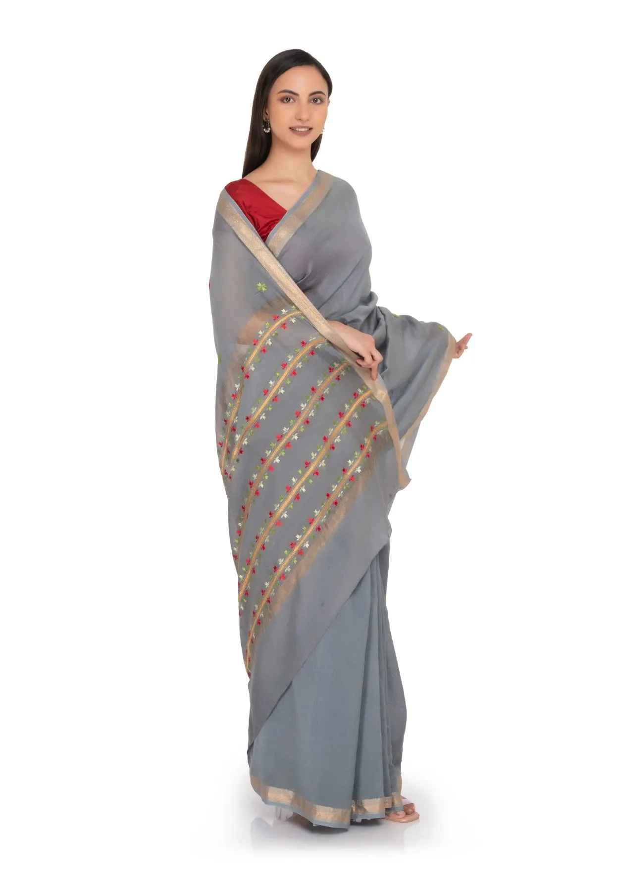 Grey Hand Embroidered Saree