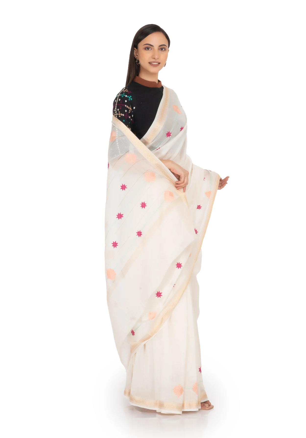 Maheshwari White Saree with Red and Orangemotif Works