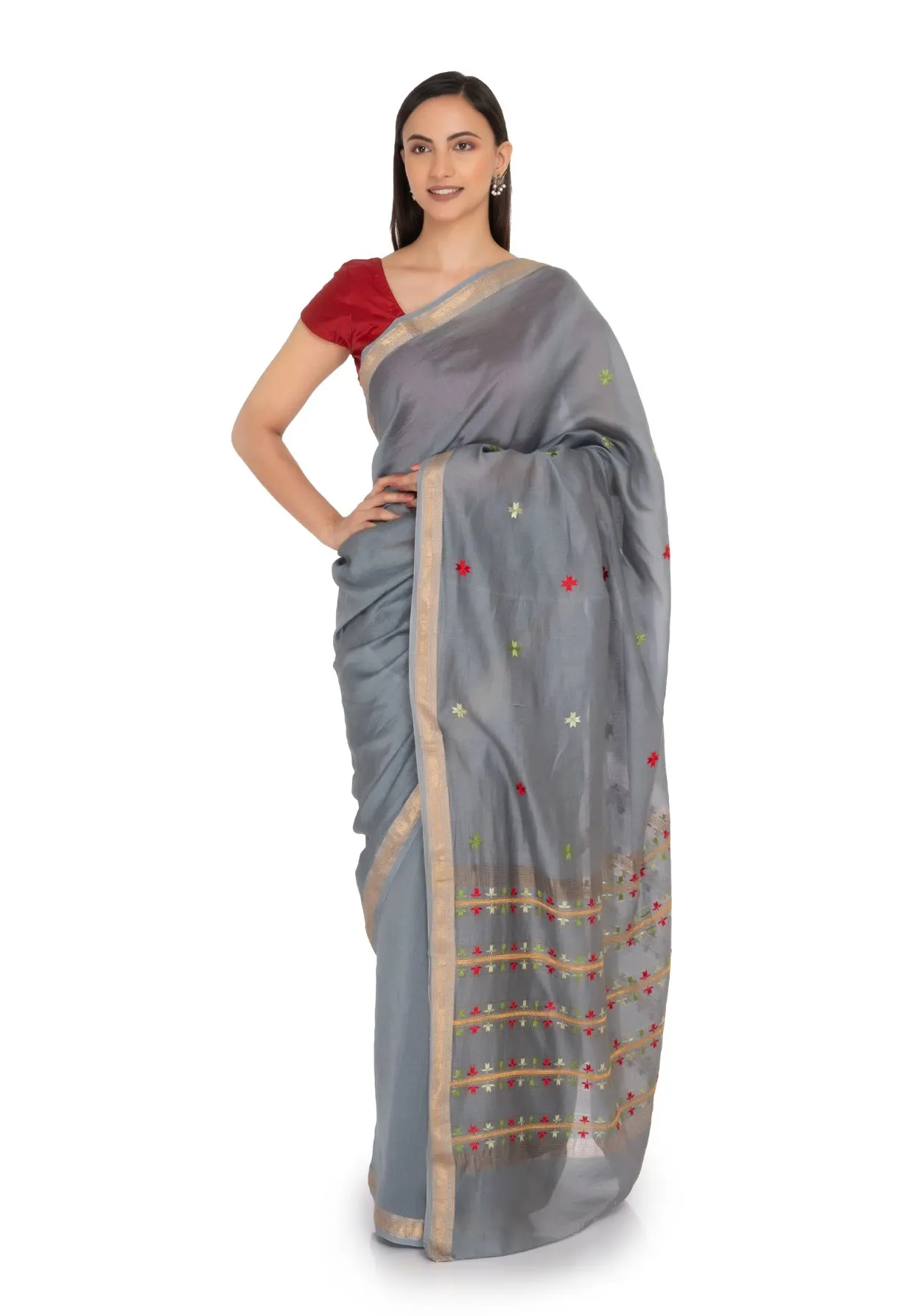 Grey Hand Embroidered Saree