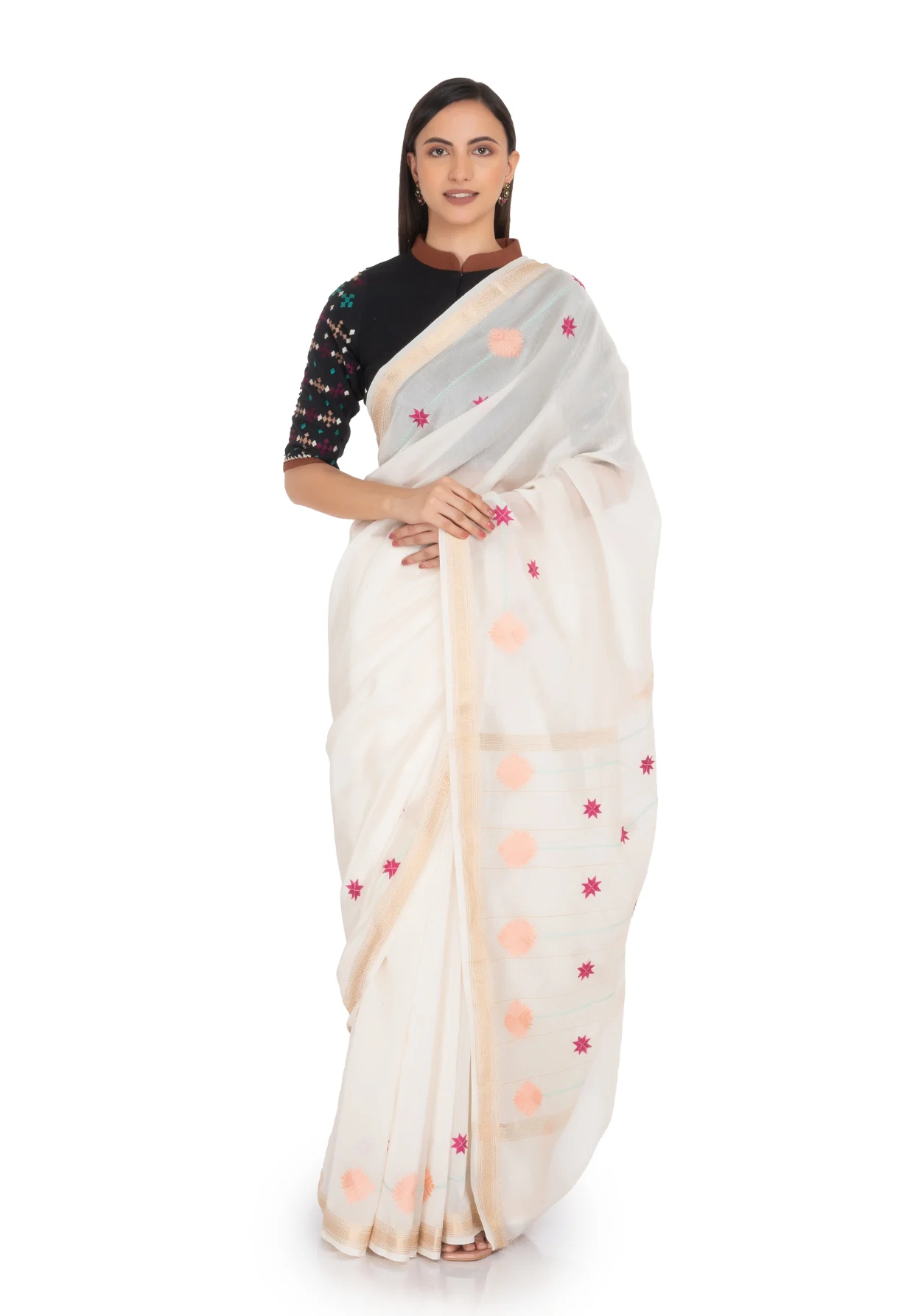 Maheshwari White Saree with Red and Orangemotif Works