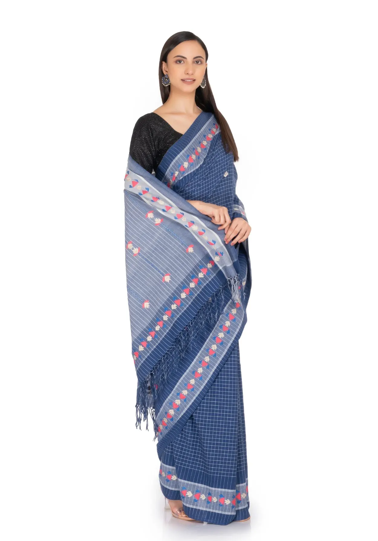 Handloom Cotton  Saree Metallic Blue