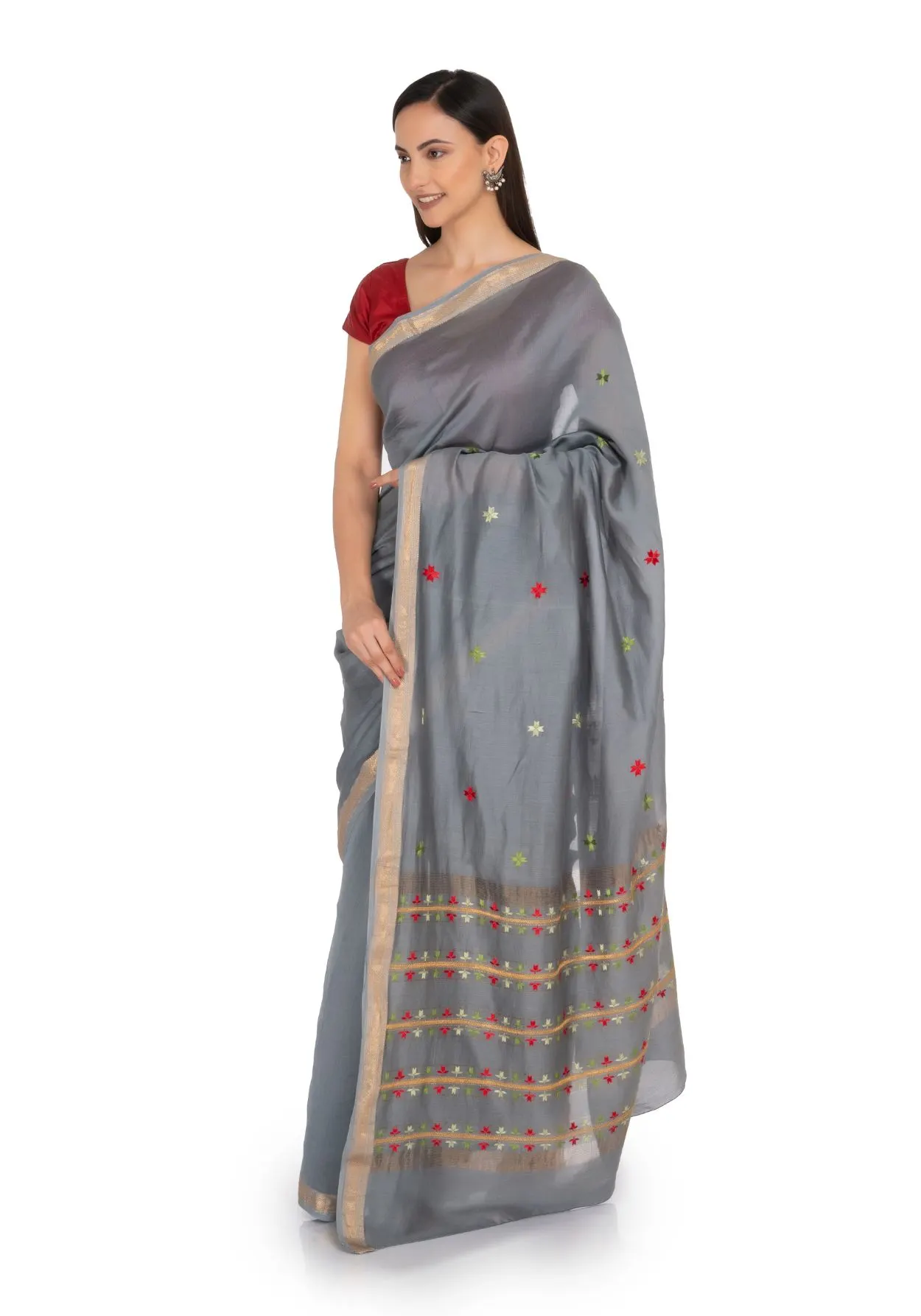 Grey Hand Embroidered Saree
