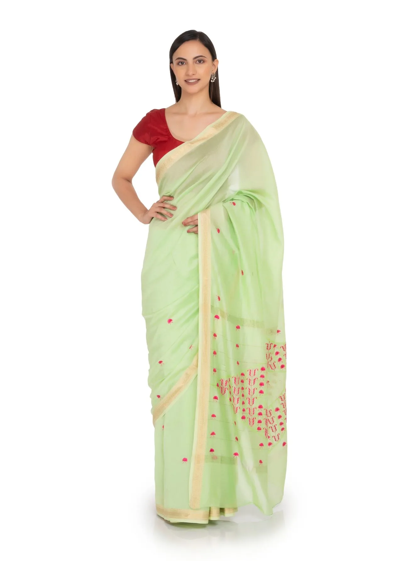 Hand Embroidered Saree Green Light sage
